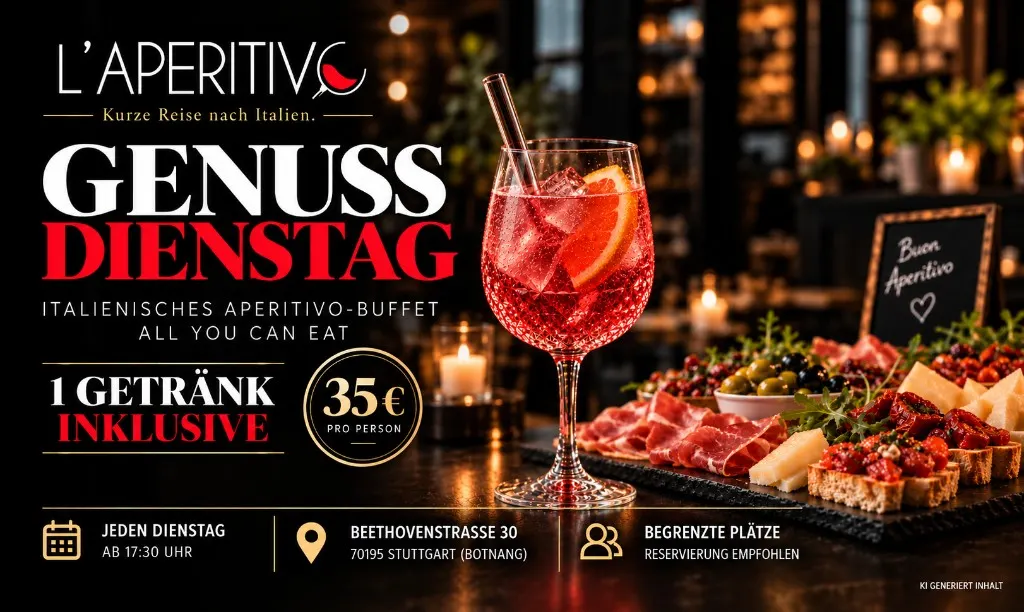 Genuss Dienstag bei L'Aperitivo Stuttgart: italienisches All-you-can-eat-Buffet, 35 Euro inkl. einem Getränk, dienstags ab 17:30 Uhr
